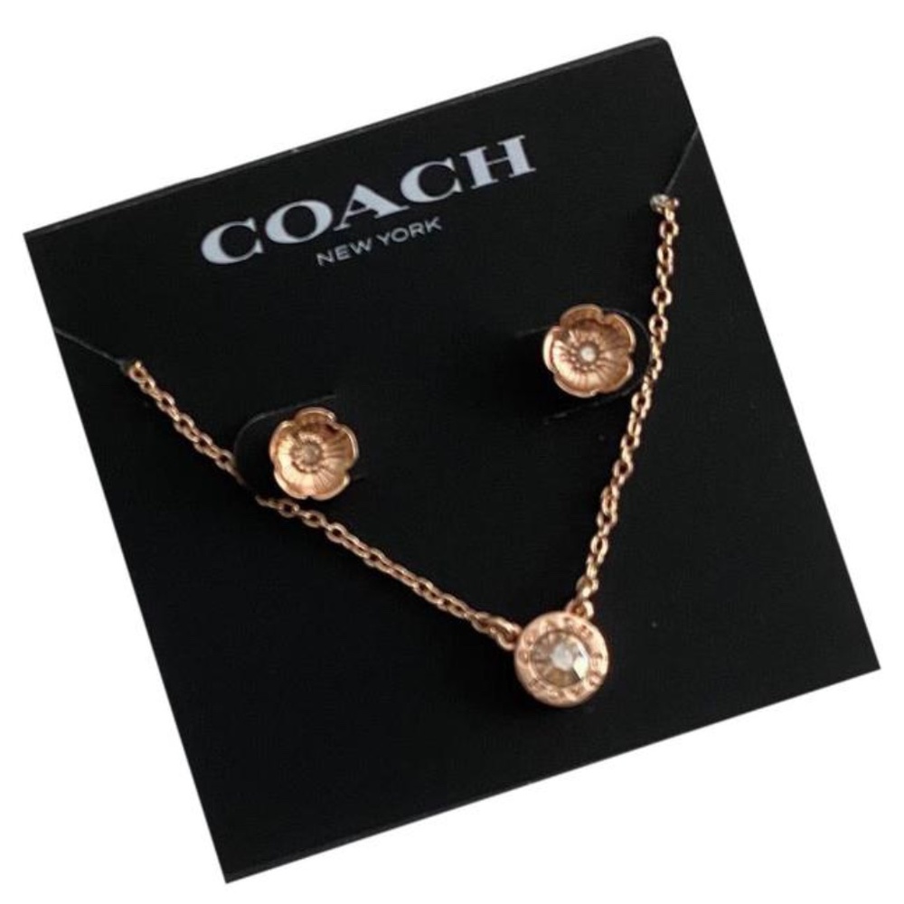 Coach Tea Rose Earrings/Necklace Set in rose gold